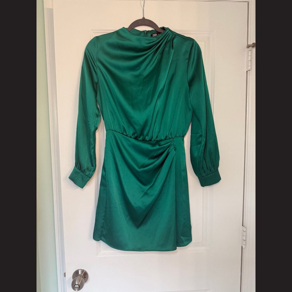 ZARA Green Satin Draped Mini Dress NWT Size S
